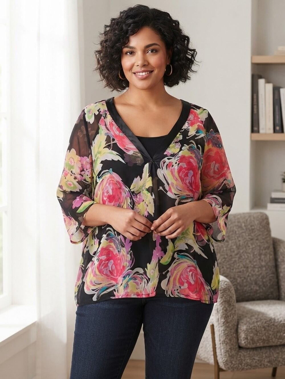 Sag Harbor 1X Sheer Black Floral V-Neck Women's Top